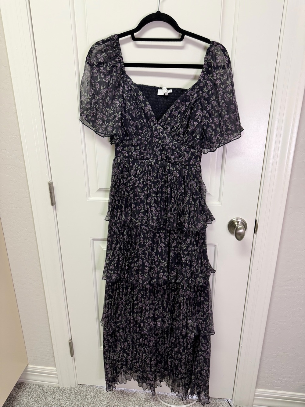 Astr Tiered Black Maxi Dress with Purple Floral Print - Picture 3 of 6